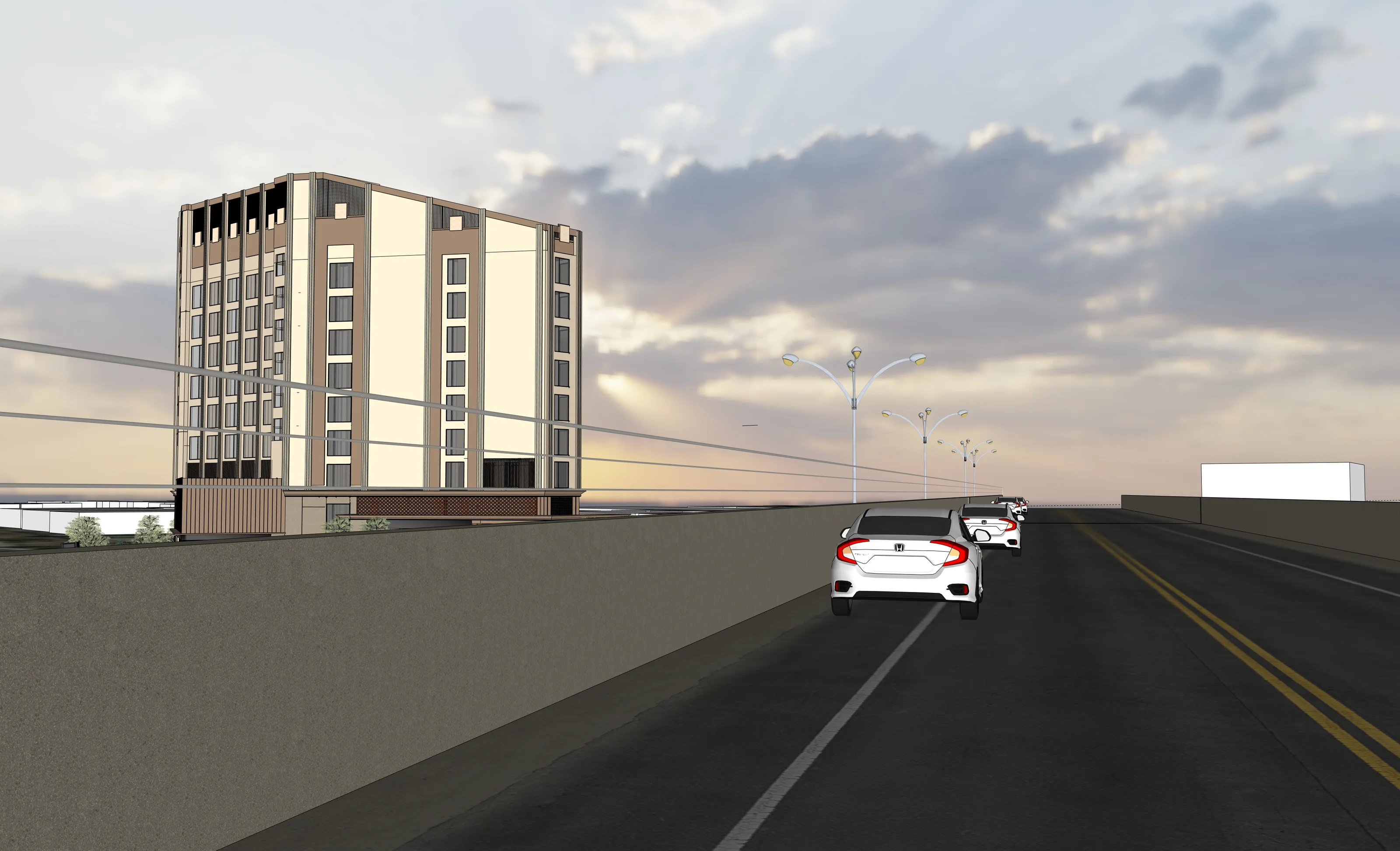 Hotel building elevation beside the Outer Ring Road flyover, RGA Group — enlarged