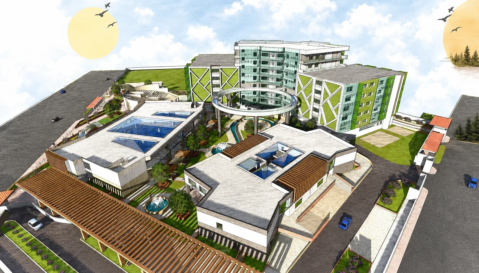 Aerial perspective of the vertical farming centre with courtyard, Chandigarh